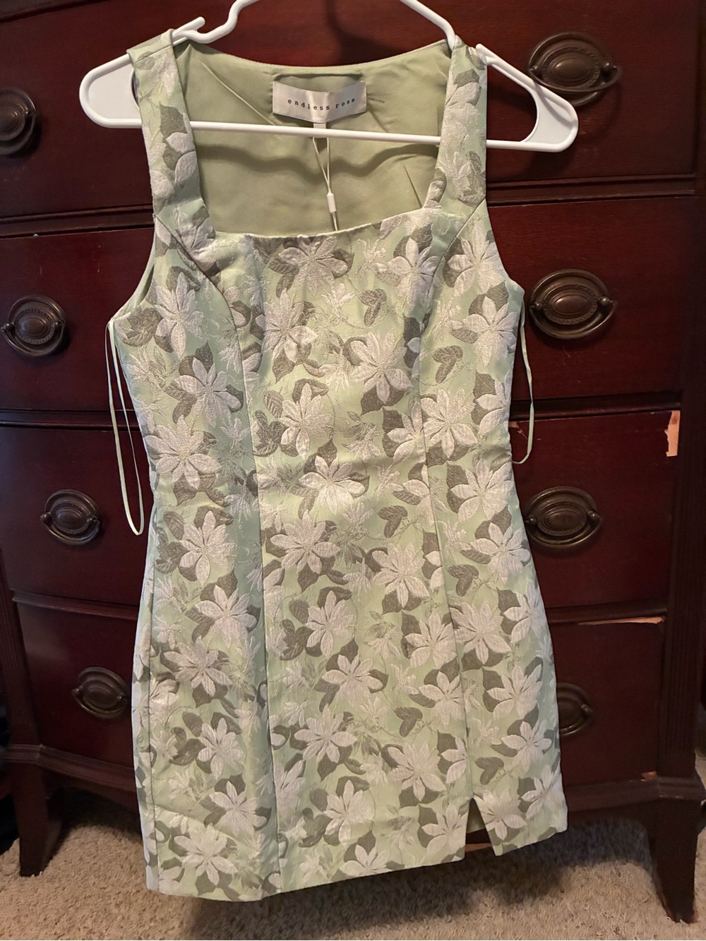 Endless Rose Pale Green Floral Jacquard Mini Dress